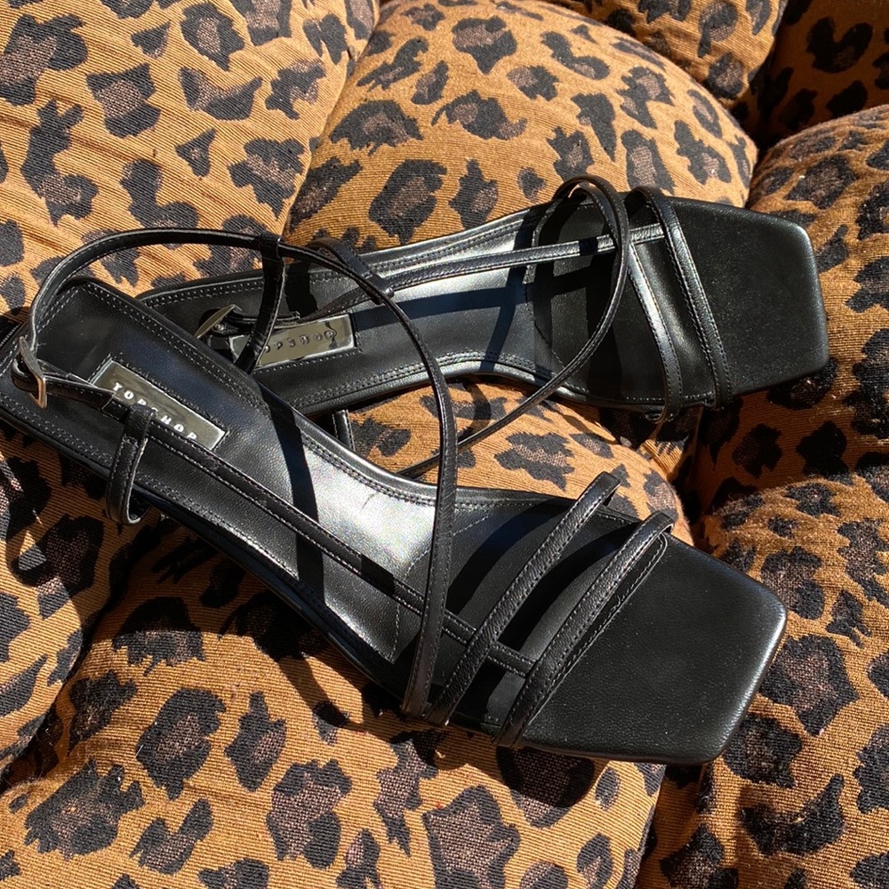 Topshop Strappy Black Strippy High Heels w Square Toe; 41